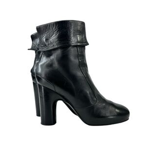 Veronique Branquinho Black Foldover Sock Block Heel Leather Ankle Boots Booties